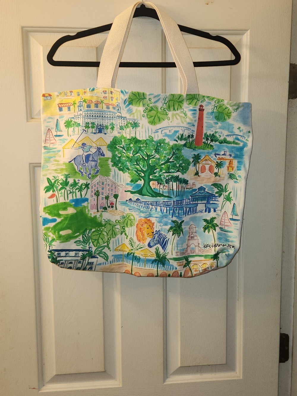 Katue Herman Art Coastal Canvas Tote Bag - White with Green & Blue Artwork